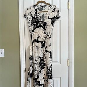 Floral Black and White Wrap midi Dress